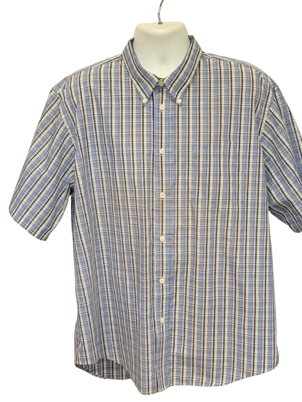 Consensus Men’s XXL Button Down Shirt Blue Yellow Plaid Short Sleeve Casual
